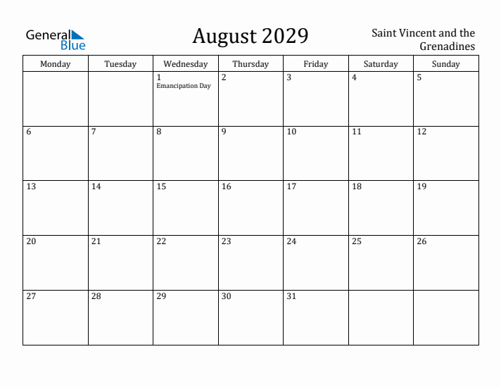 August 2029 Calendar Saint Vincent and the Grenadines