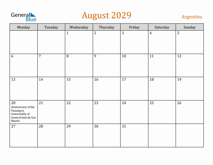 August 2029 Holiday Calendar with Monday Start