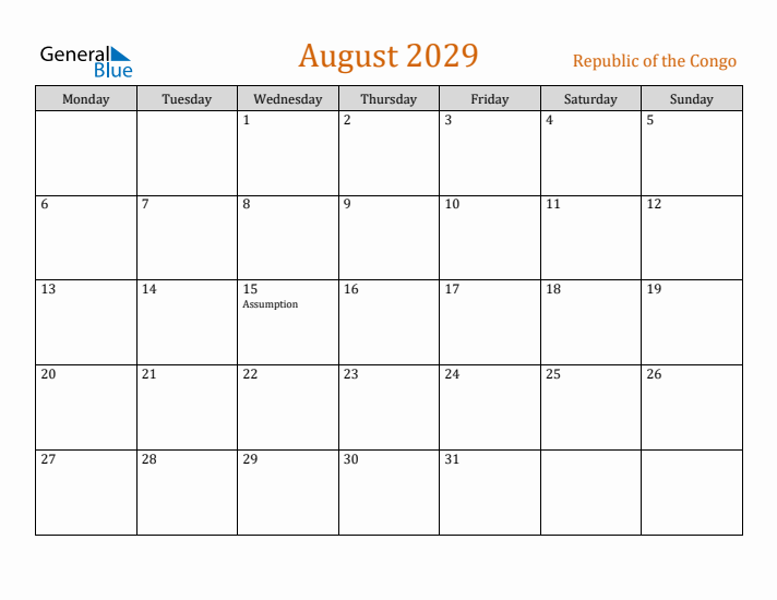 August 2029 Holiday Calendar with Monday Start