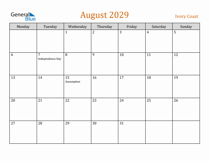 August 2029 Holiday Calendar with Monday Start