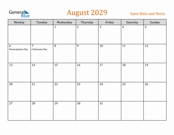 August 2029 Holiday Calendar with Monday Start