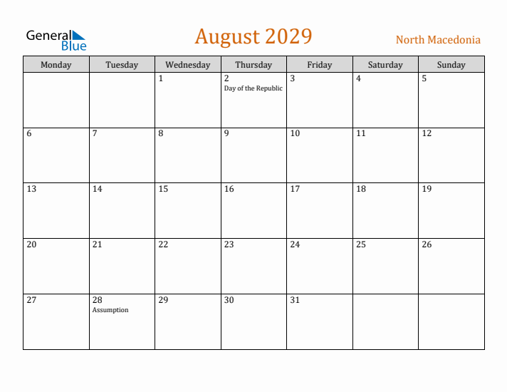 August 2029 Holiday Calendar with Monday Start