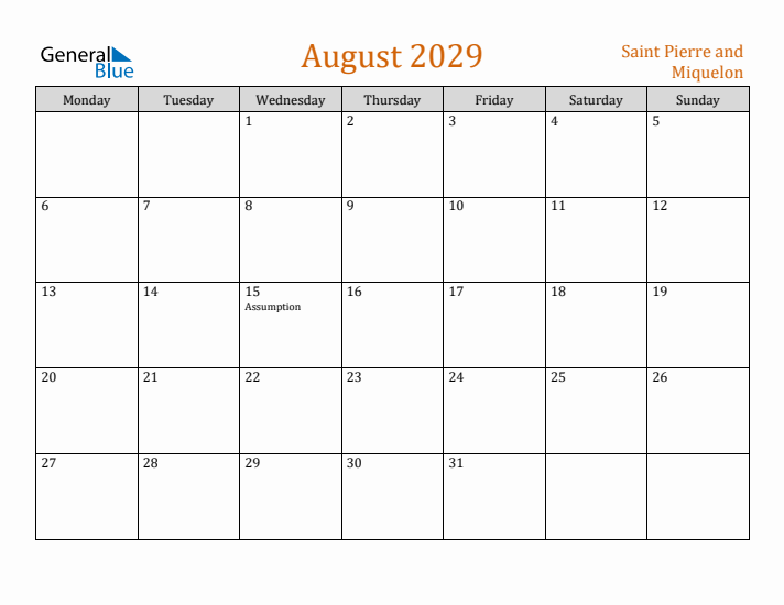 August 2029 Holiday Calendar with Monday Start