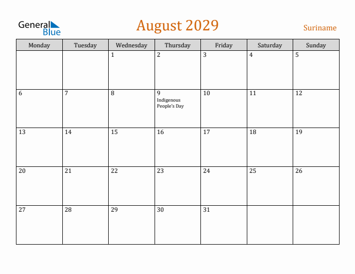 August 2029 Holiday Calendar with Monday Start