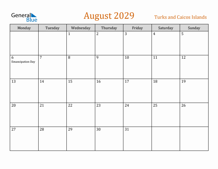 August 2029 Holiday Calendar with Monday Start