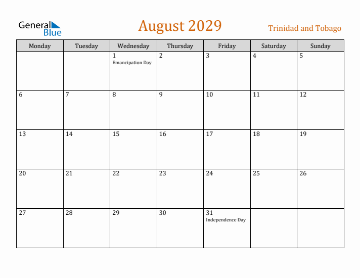 August 2029 Holiday Calendar with Monday Start