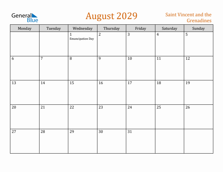 August 2029 Holiday Calendar with Monday Start