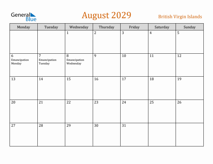 August 2029 Holiday Calendar with Monday Start