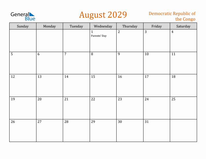 August 2029 Holiday Calendar with Sunday Start