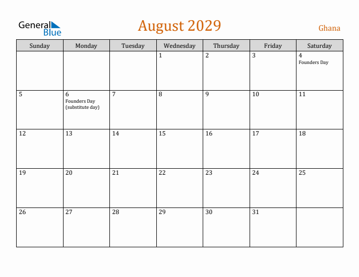 August 2029 Holiday Calendar with Sunday Start