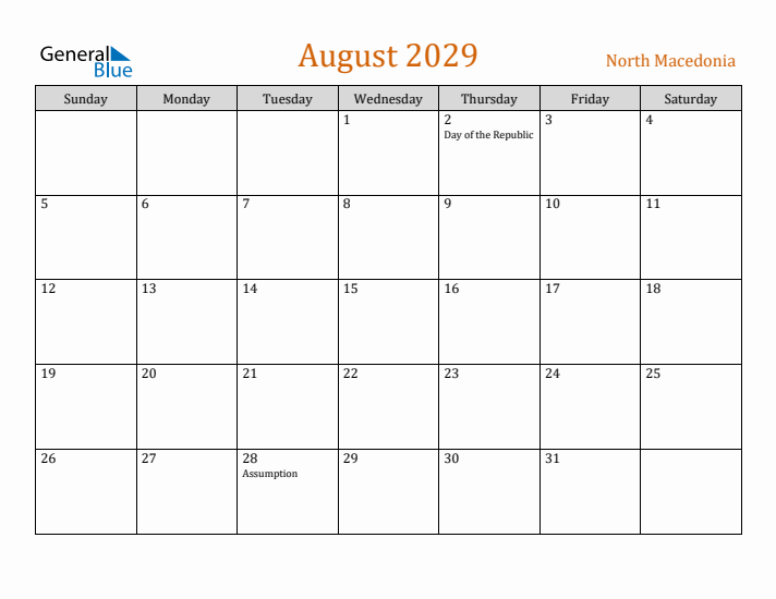 August 2029 Holiday Calendar with Sunday Start