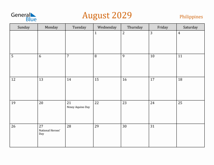 August 2029 Holiday Calendar with Sunday Start
