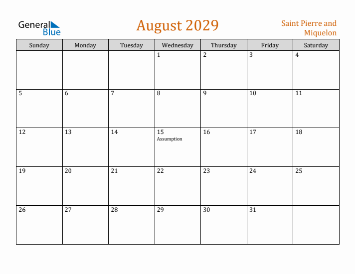 August 2029 Holiday Calendar with Sunday Start