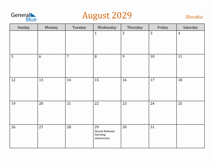 August 2029 Holiday Calendar with Sunday Start