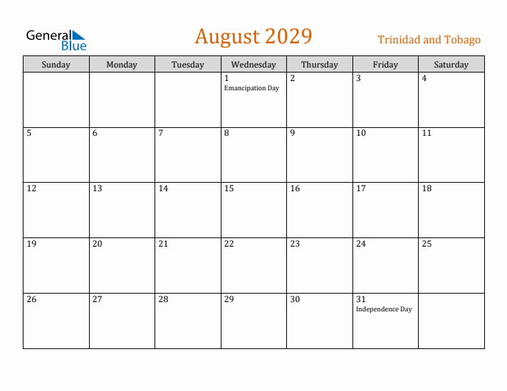 August 2029 Holiday Calendar with Sunday Start