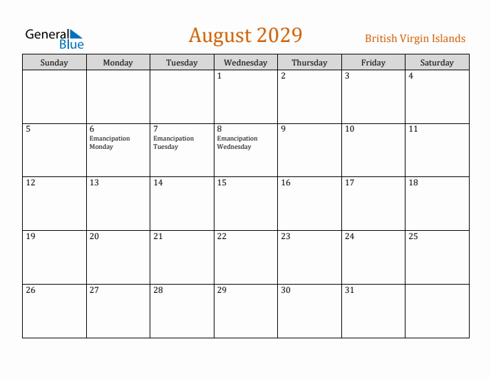 August 2029 Holiday Calendar with Sunday Start
