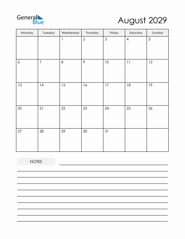 Printable Calendar with Notes - August 2029 