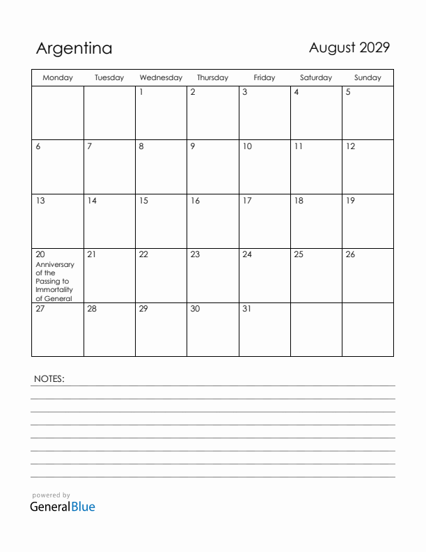 August 2029 Argentina Calendar with Holidays (Monday Start)