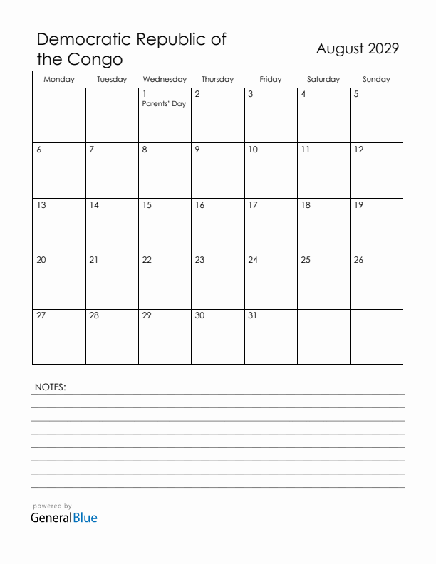 August 2029 Democratic Republic of the Congo Calendar with Holidays (Monday Start)