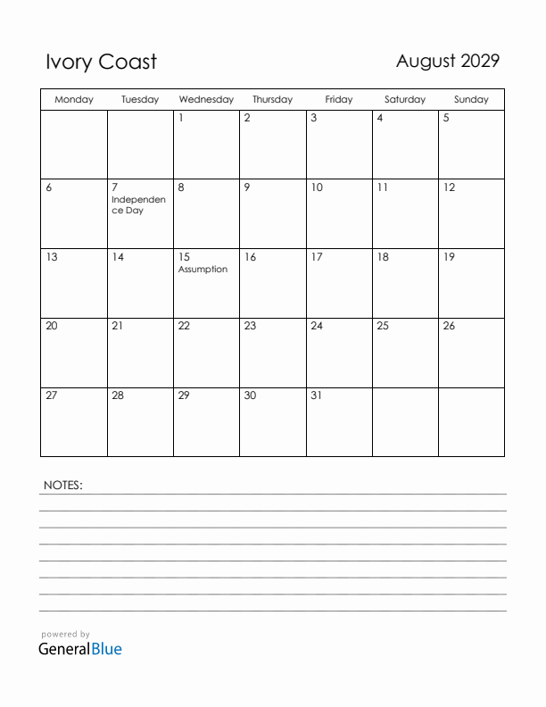 August 2029 Ivory Coast Calendar with Holidays (Monday Start)
