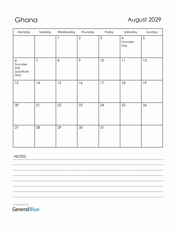 August 2029 Ghana Calendar with Holidays (Monday Start)