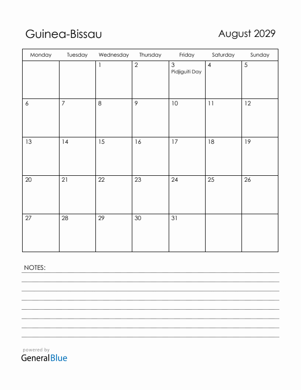 August 2029 Guinea-Bissau Calendar with Holidays (Monday Start)