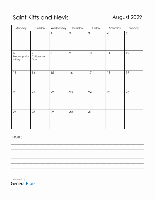 August 2029 Saint Kitts and Nevis Calendar with Holidays (Monday Start)
