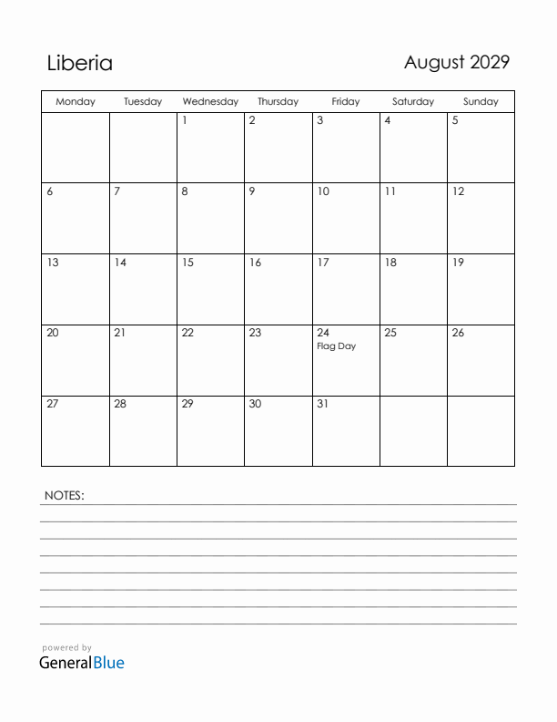 August 2029 Liberia Calendar with Holidays (Monday Start)