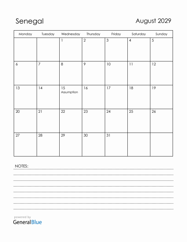 August 2029 Senegal Calendar with Holidays (Monday Start)