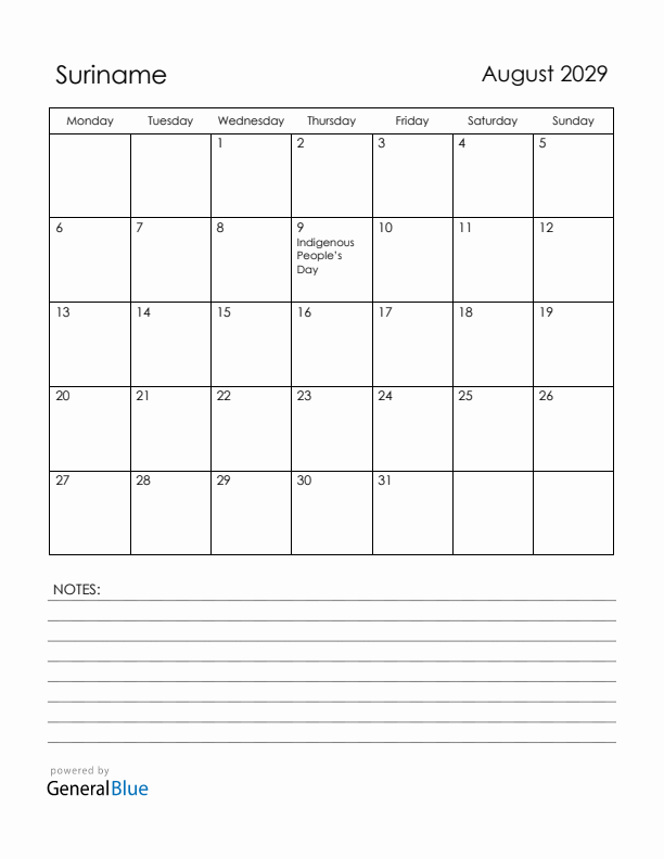 August 2029 Suriname Calendar with Holidays (Monday Start)