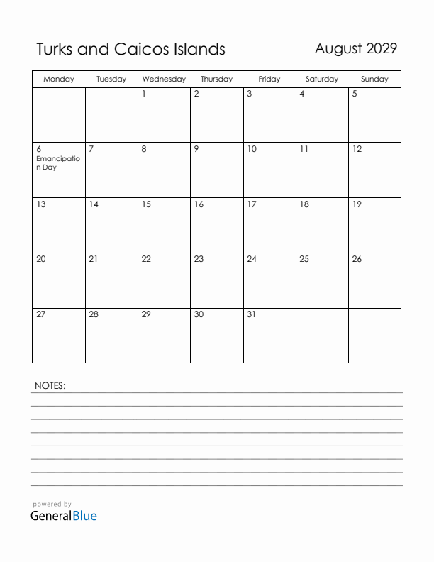 August 2029 Turks and Caicos Islands Calendar with Holidays (Monday Start)