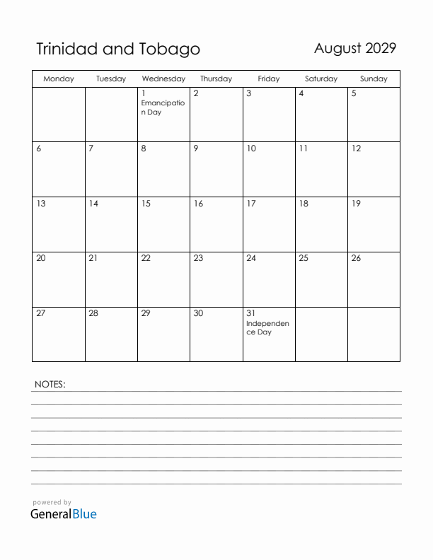 August 2029 Trinidad and Tobago Calendar with Holidays (Monday Start)