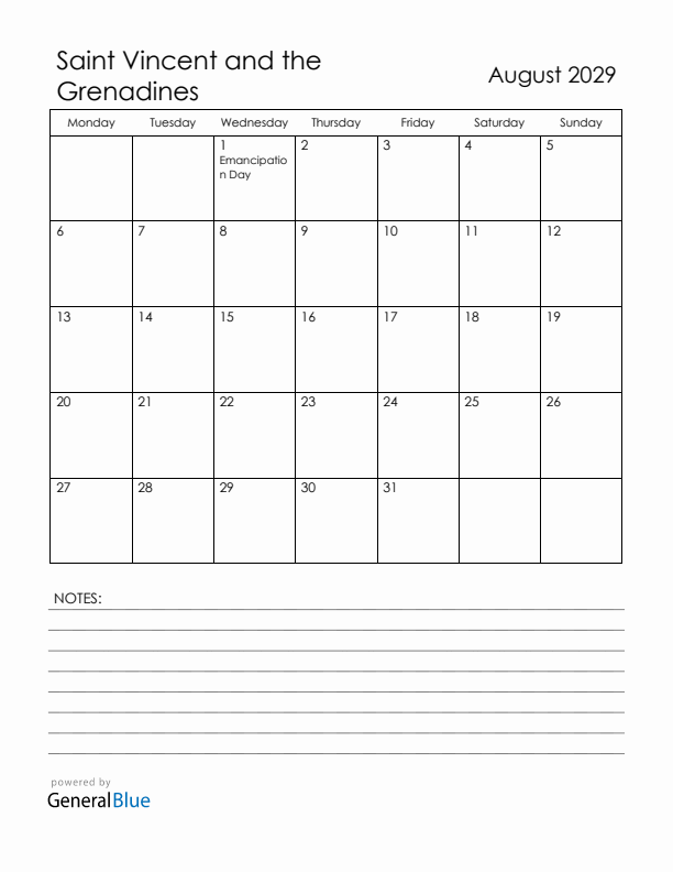 August 2029 Saint Vincent and the Grenadines Calendar with Holidays (Monday Start)