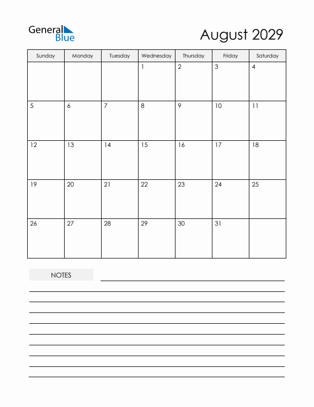 Printable Calendar with Notes - August 2029 