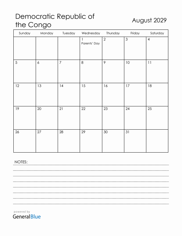 August 2029 Democratic Republic of the Congo Calendar with Holidays (Sunday Start)