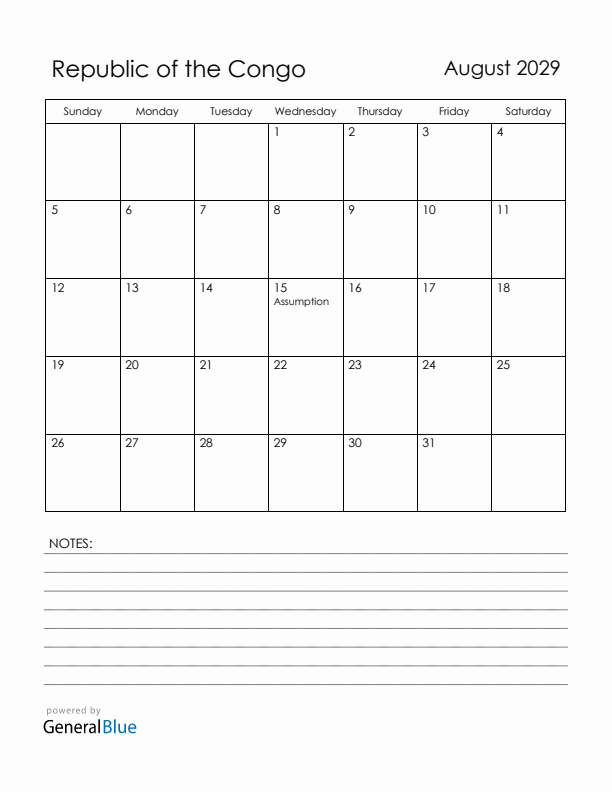 August 2029 Republic of the Congo Calendar with Holidays (Sunday Start)