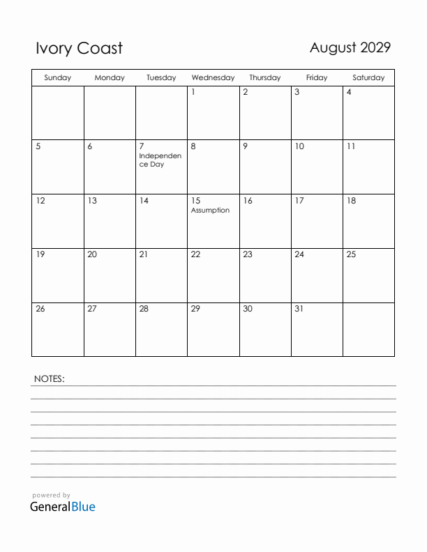 August 2029 Ivory Coast Calendar with Holidays (Sunday Start)