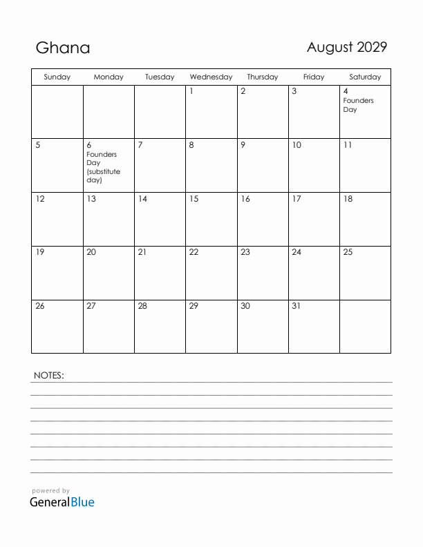 August 2029 Ghana Calendar with Holidays (Sunday Start)
