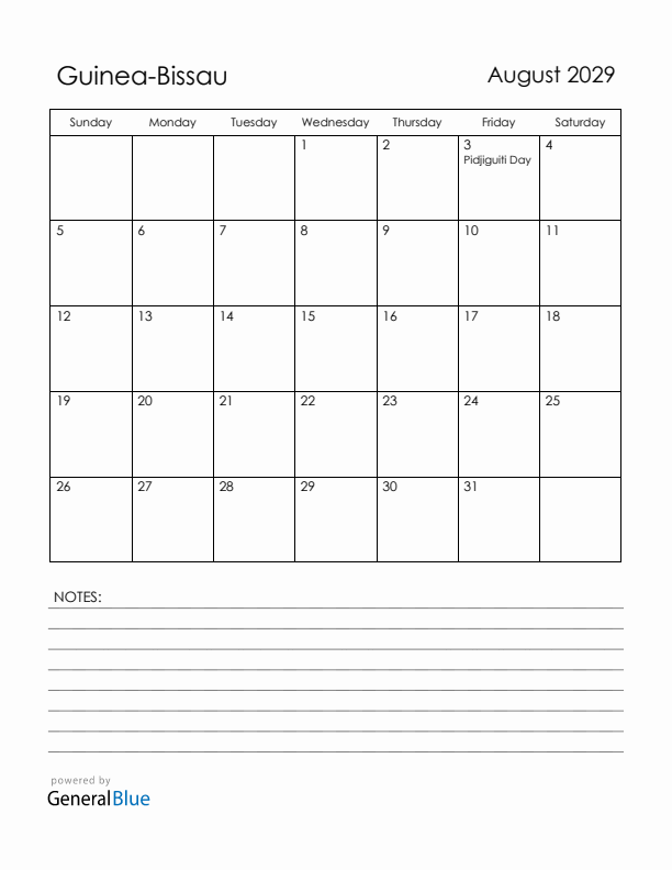 August 2029 Guinea-Bissau Calendar with Holidays (Sunday Start)