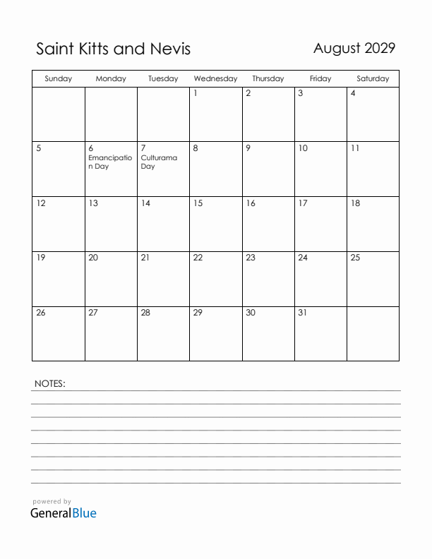 August 2029 Saint Kitts and Nevis Calendar with Holidays (Sunday Start)
