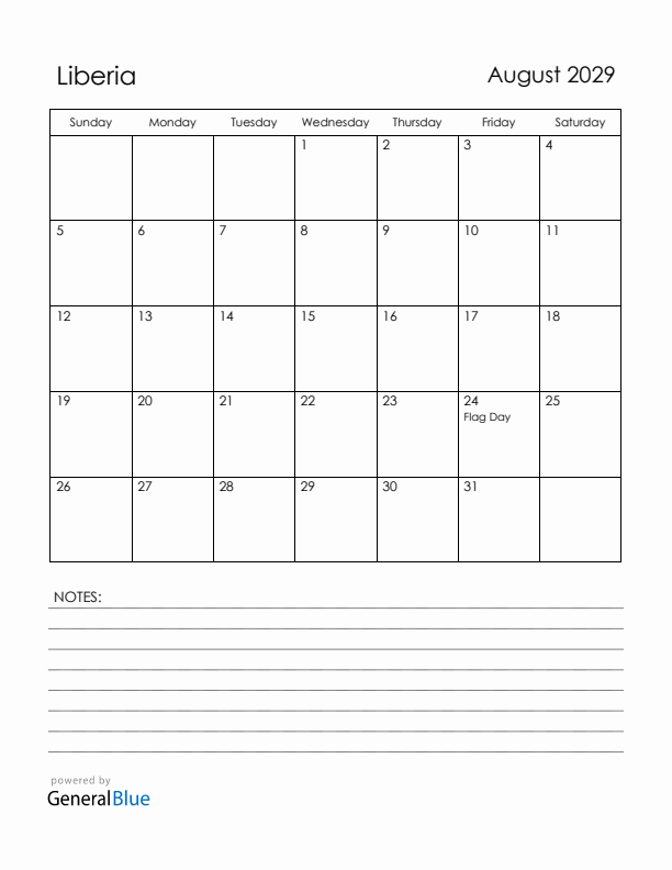August 2029 Liberia Calendar with Holidays (Sunday Start)