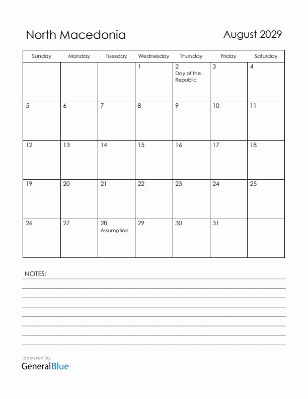 August 2029 North Macedonia Calendar with Holidays (Sunday Start)