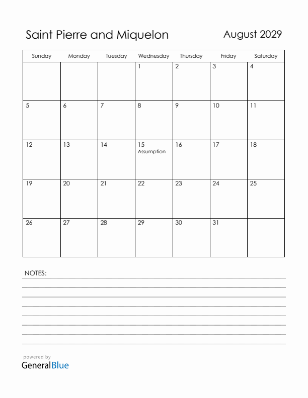 August 2029 Saint Pierre and Miquelon Calendar with Holidays (Sunday Start)
