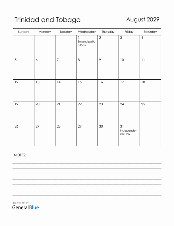 August 2029 Trinidad and Tobago Calendar with Holidays (Sunday Start)