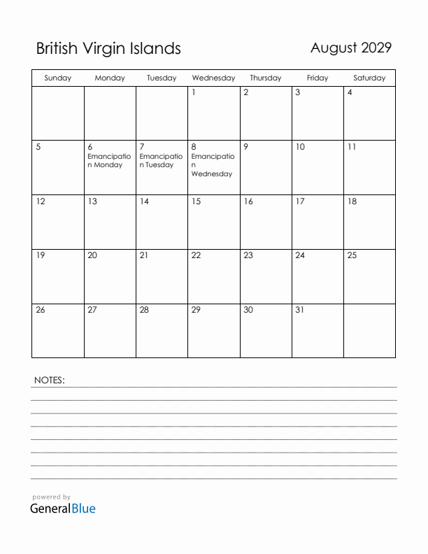 August 2029 British Virgin Islands Calendar with Holidays (Sunday Start)