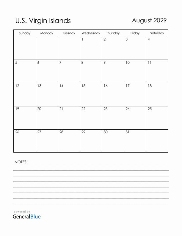 August 2029 U.S. Virgin Islands Calendar with Holidays (Sunday Start)