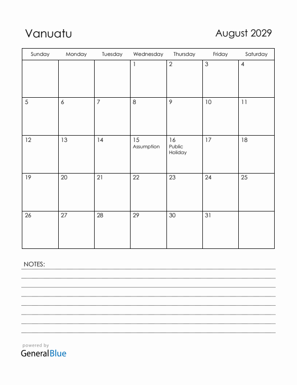 August 2029 Vanuatu Calendar with Holidays (Sunday Start)