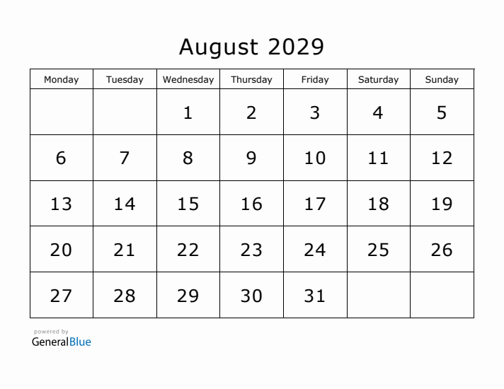 Printable August 2029 Calendar - Monday Start