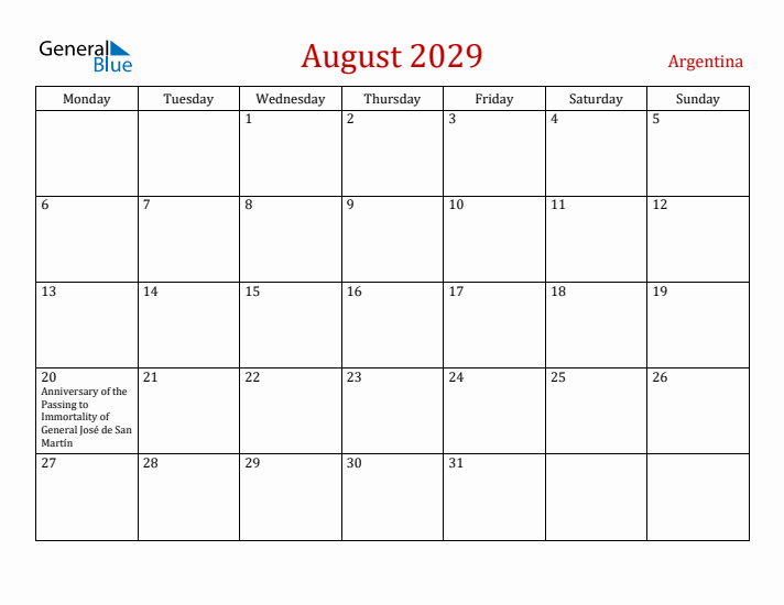 Argentina August 2029 Calendar - Monday Start