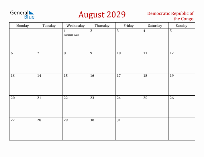 Democratic Republic of the Congo August 2029 Calendar - Monday Start